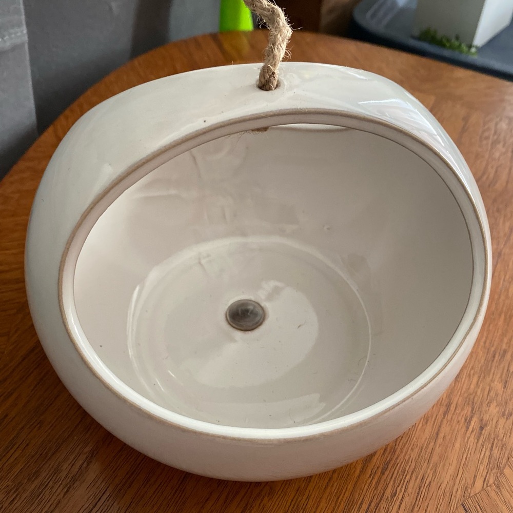SOLD!! Small Hanging or Table White Glazed Ceramic Planter